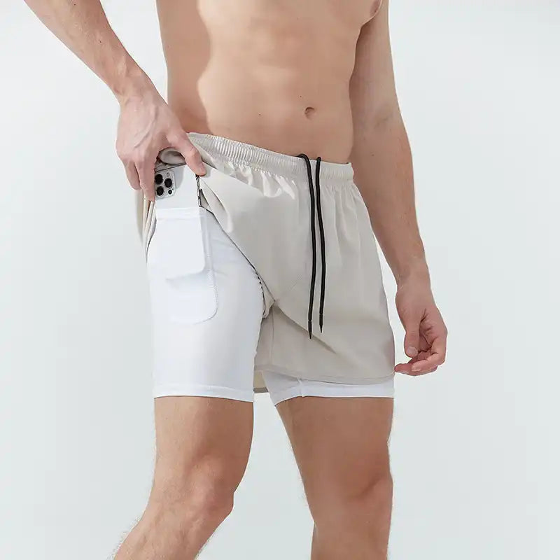 2-in-1 Double Layer Running Shorts - Quick-Dry, Elastic Waist, Multi-Pocket