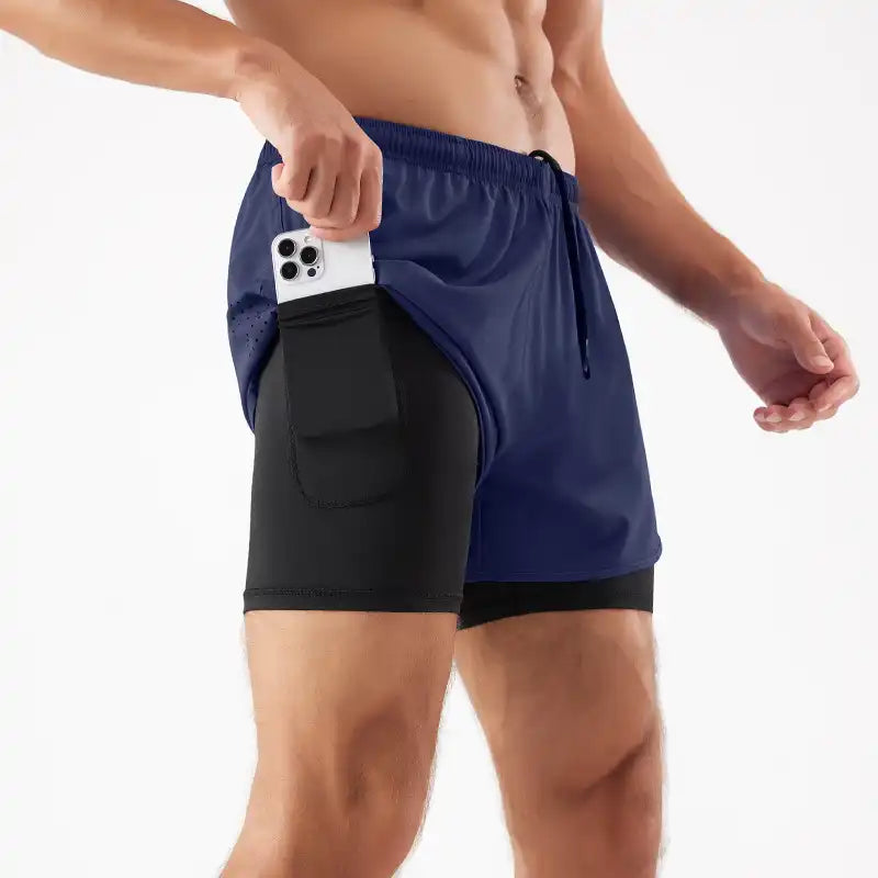 2-in-1 Double Layer Running Shorts - Quick-Dry, Elastic Waist, Multi-Pocket