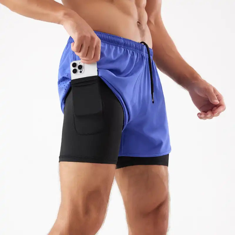 2-in-1 Double Layer Running Shorts - Quick-Dry, Elastic Waist, Multi-Pocket