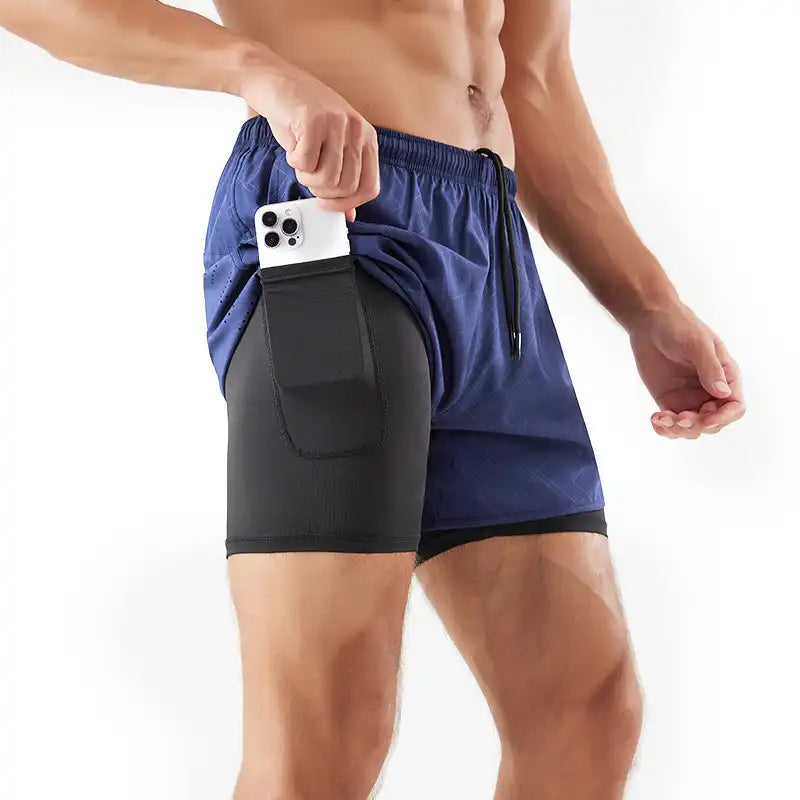 2-in-1 Double Layer Running Shorts - Quick-Dry, Elastic Waist, Multi-Pocket