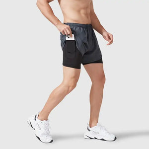 2-in-1 Double Layer Running Shorts - Quick-Dry, Elastic Waist, Multi-Pocket