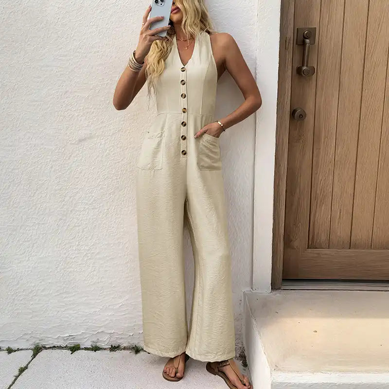 2025 Summer Simple Breathable Backless Button Jumpsuit