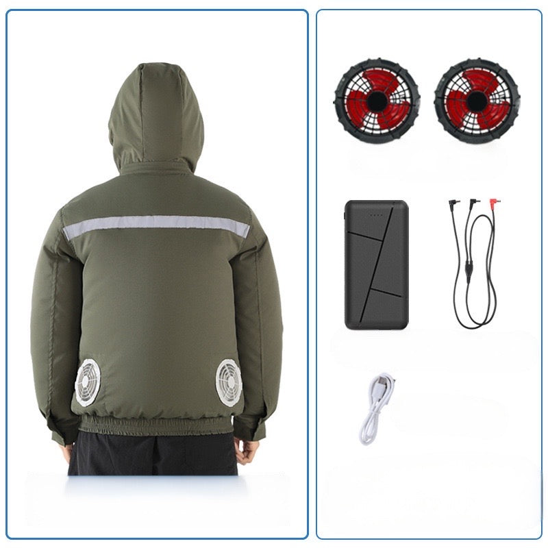 New hooded, removable, outdoor cooling and sun protection clothes with fan
