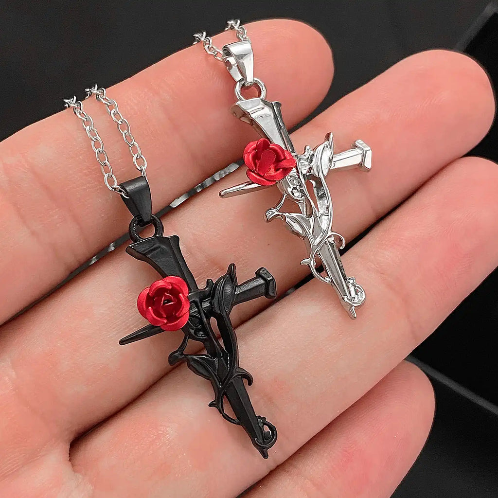 24pcs Gothic Rose Cross Pendants - Alloy Floral Charm for Necklace & Bracelet DIY