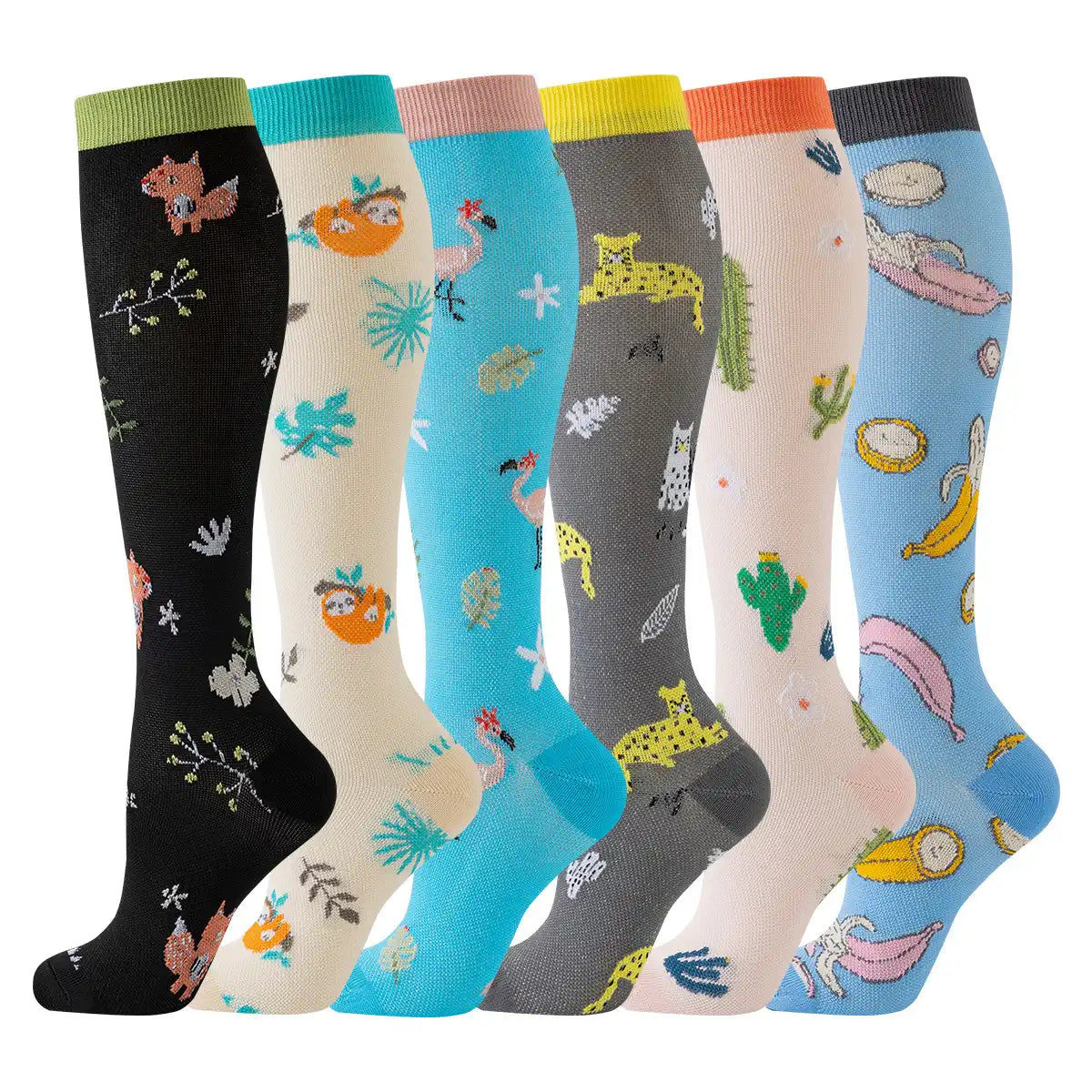 6 Pairs Cute Animal Print Compression Socks - Funny Novelty Design, Breathable & Supportive