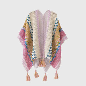 Bohemian Fringe Knit Cape Poncho Shawl Cardigan for Women