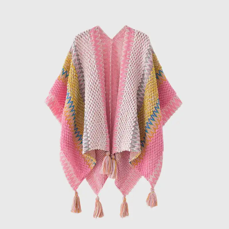 Bohemian Fringe Knit Cape Poncho Shawl Cardigan for Women