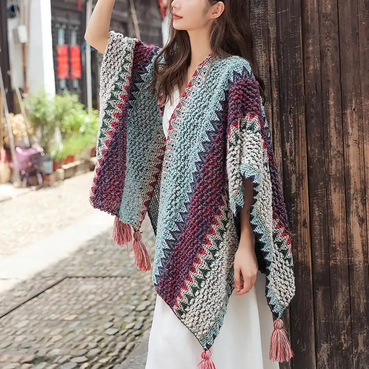 Bohemian Fringe Knit Cape Poncho Shawl Cardigan for Women