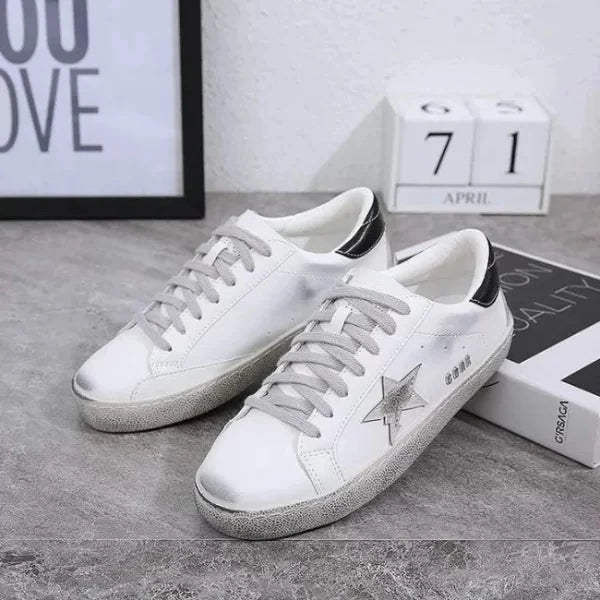 Casual Lace-up Distressed White Sneakers With Star Design