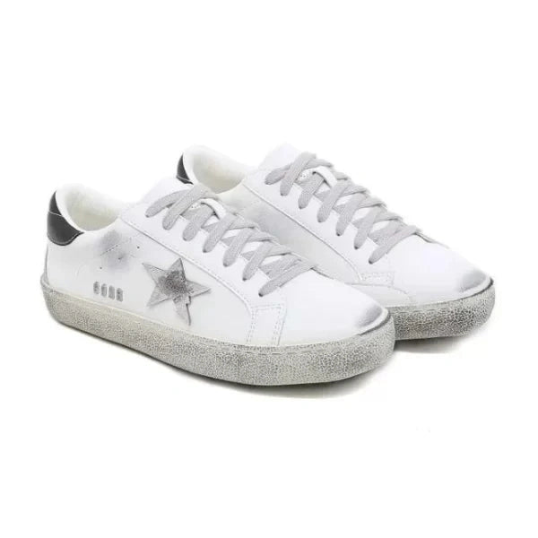Casual Lace-up Distressed White Sneakers With Star Design