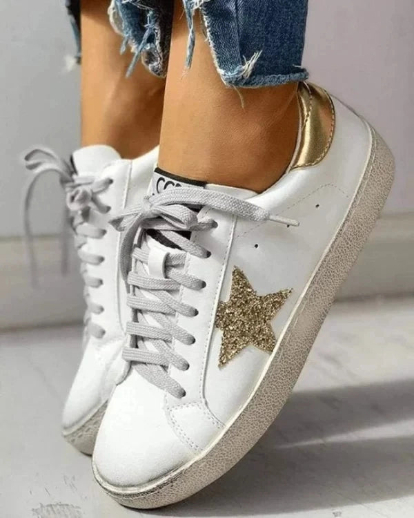 Casual Lace-up Distressed White Sneakers With Star Design