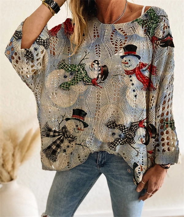 Christmas Tree & Snowman Sweater - Festive Holiday Knit Top