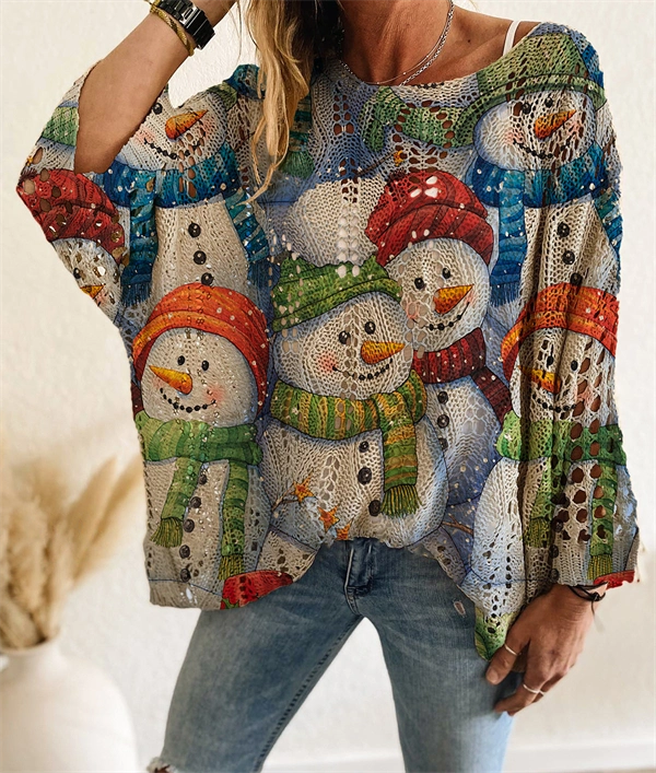 Christmas Tree & Snowman Sweater - Festive Holiday Knit Top