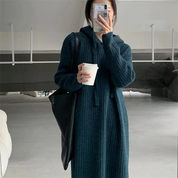 Cozy Knit Hoodie Dress – Long Sleeve Loose Fit Sweater Dress for Fall & Winter, Casual Slimming Pullover