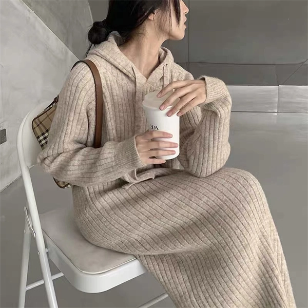 Cozy Knit Hoodie Dress – Long Sleeve Loose Fit Sweater Dress for Fall & Winter, Casual Slimming Pullover