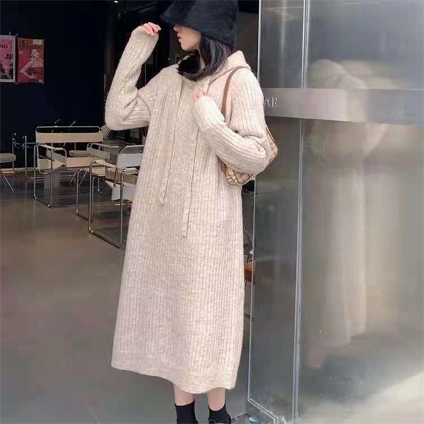 Cozy Knit Hoodie Dress – Long Sleeve Loose Fit Sweater Dress for Fall & Winter, Casual Slimming Pullover