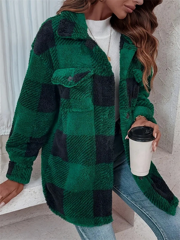 Cozy Plaid Fleece Jacket - Oversized Button-Up Winter Coat