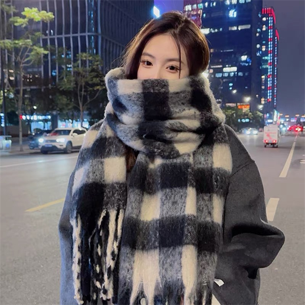 Korean Style Oversized Plaid Scarf - Thick Warm Checkered Winter Shawl Wrap for Women
