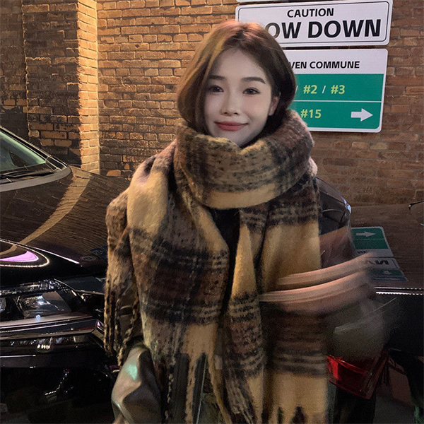 Oversized Plaid Scarf with Tassel Fringe - Soft Warm Winter Wrap Blanket Shawl for Women