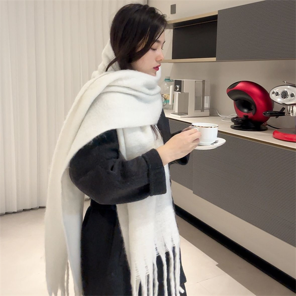 Solid Color Winter Scarf with Thick Tassel Fringe - Soft Cashmere-Feel Oversized Wrap for Women