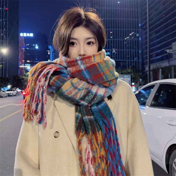 Korean Style Oversized Plaid Scarf - Thick Warm Checkered Winter Shawl Wrap for Women