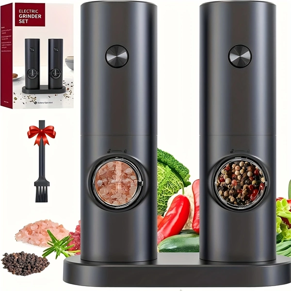 Electric Salt and Pepper Grinder Set – Battery Operated Mills with Adjustable Coarseness, LED Light & One-Touch Operation, Includes Base