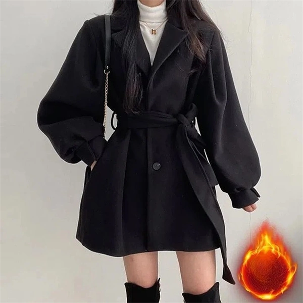 Elegant Belted Woolen Coat with Puff Sleeves – Vintage Short Trench for Women
