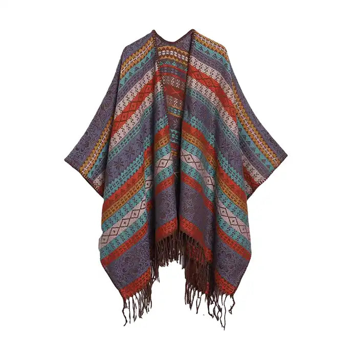 Ethnic Open Front Knit Wrap - Women's Fringe Poncho Cardigan