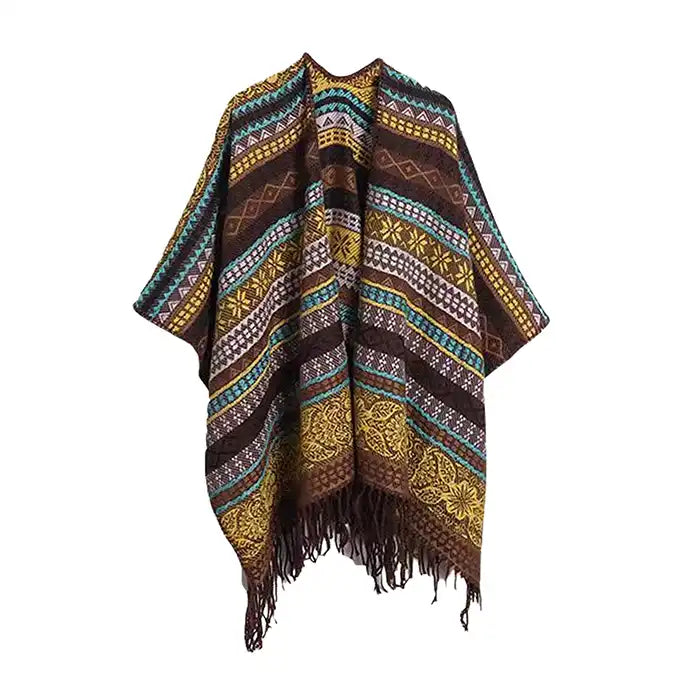 Ethnic Open Front Knit Wrap - Women's Fringe Poncho Cardigan