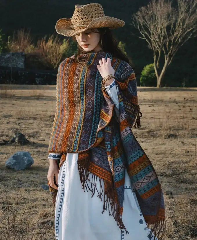Ethnic Open Front Knit Wrap - Women's Fringe Poncho Cardigan