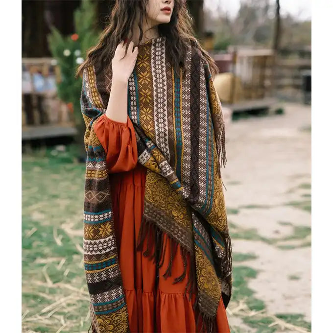 Ethnic Open Front Knit Wrap - Women's Fringe Poncho Cardigan