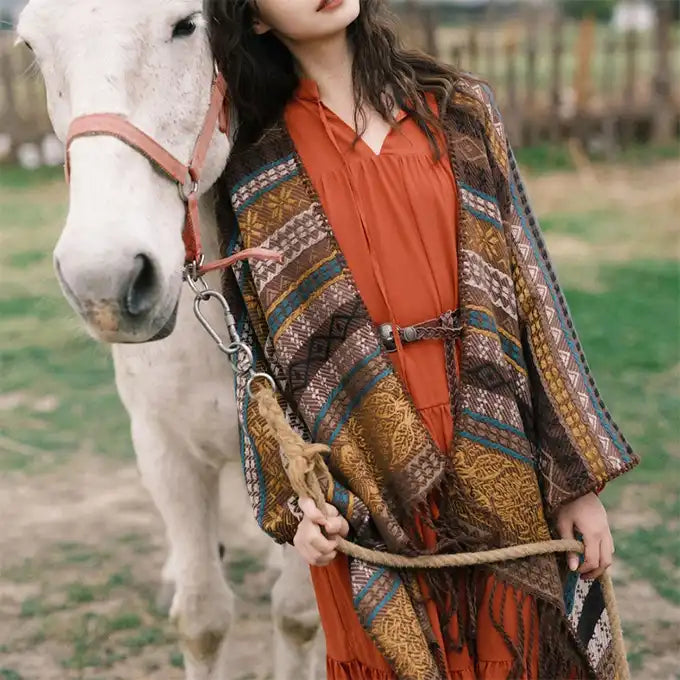 Ethnic Open Front Knit Wrap - Women's Fringe Poncho Cardigan