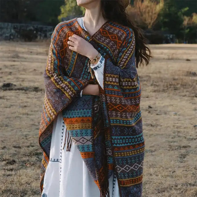 Ethnic Open Front Knit Wrap - Women's Fringe Poncho Cardigan