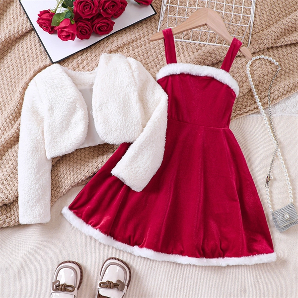 Girls Christmas Dress Set - Red Velvet Santa Dress with White Fluffy Jacket for Holiday Parties