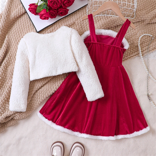 Girls Christmas Dress Set - Red Velvet Santa Dress with White Fluffy Jacket for Holiday Parties