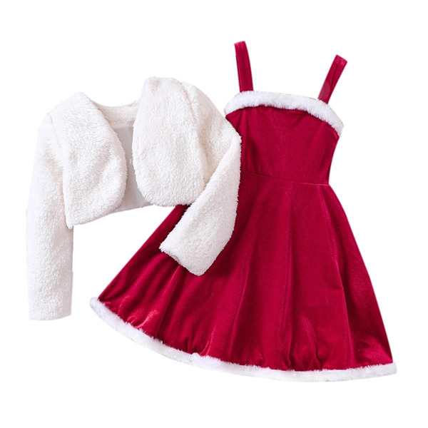 Girls Christmas Dress Set - Red Velvet Santa Dress with White Fluffy Jacket for Holiday Parties