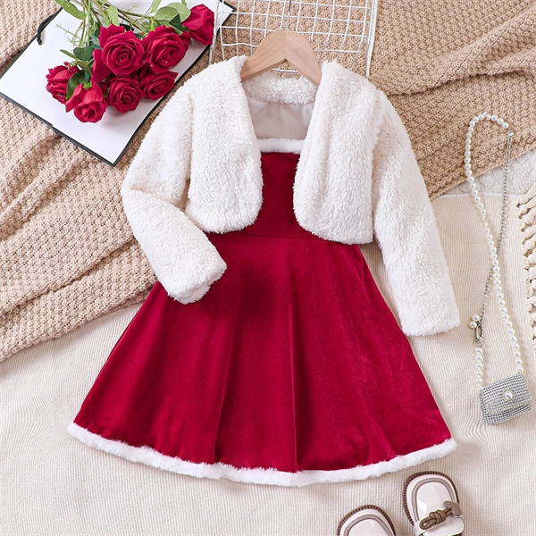 Girls Christmas Dress Set - Red Velvet Santa Dress with White Fluffy Jacket for Holiday Parties