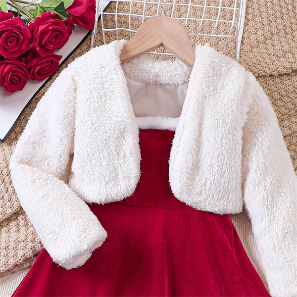 Girls Christmas Dress Set - Red Velvet Santa Dress with White Fluffy Jacket for Holiday Parties