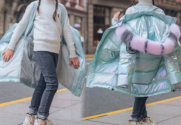 Girls' Cozy Winter Puffer Coat with 3D Letter Design - Long Sleeve Jacket Ages 4-13