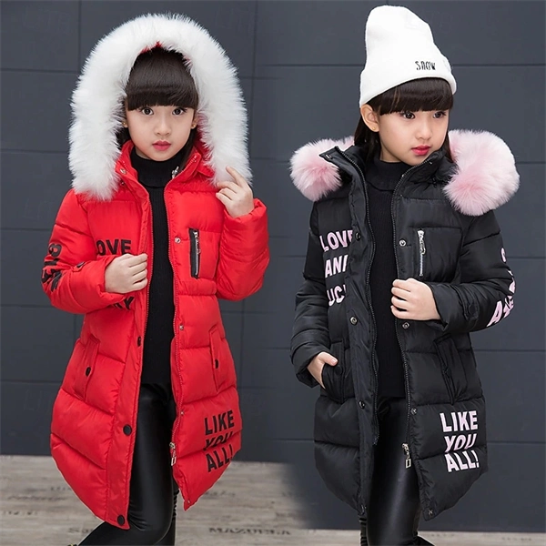 Girls' Winter Puffer Jacket with Letter Print – Warm Down Coat for Kids 4-12, Long Sleeve, Daily & School Wear