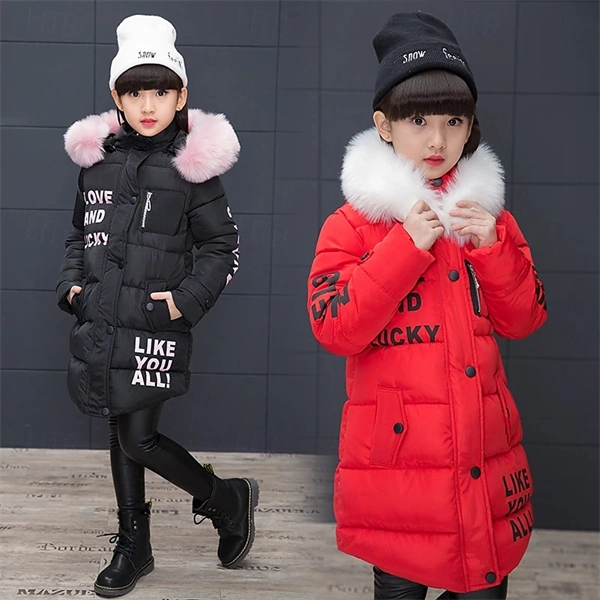 Girls' Winter Puffer Jacket with Letter Print – Warm Down Coat for Kids 4-12, Long Sleeve, Daily & School Wear