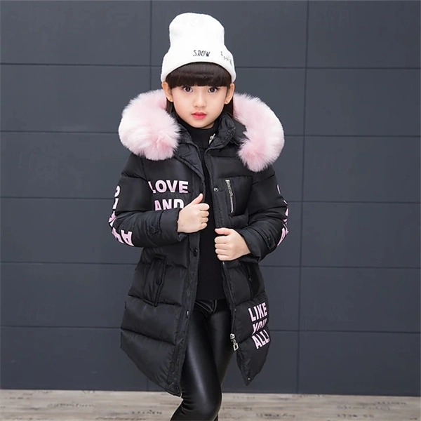 Girls' Winter Puffer Jacket with Letter Print – Warm Down Coat for Kids 4-12, Long Sleeve, Daily & School Wear