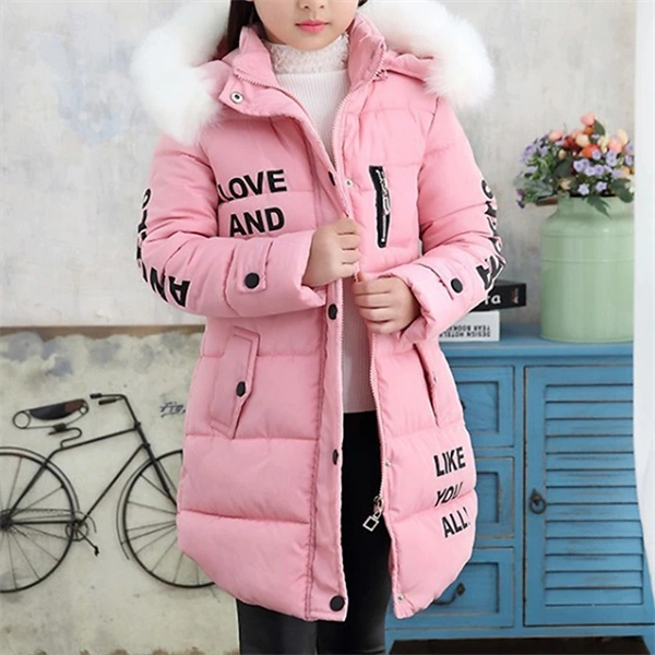Girls' Winter Puffer Jacket with Letter Print – Warm Down Coat for Kids 4-12, Long Sleeve, Daily & School Wear