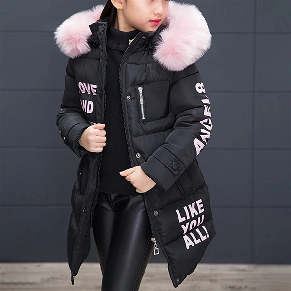 Girls' Winter Puffer Jacket with Letter Print – Warm Down Coat for Kids 4-12, Long Sleeve, Daily & School Wear