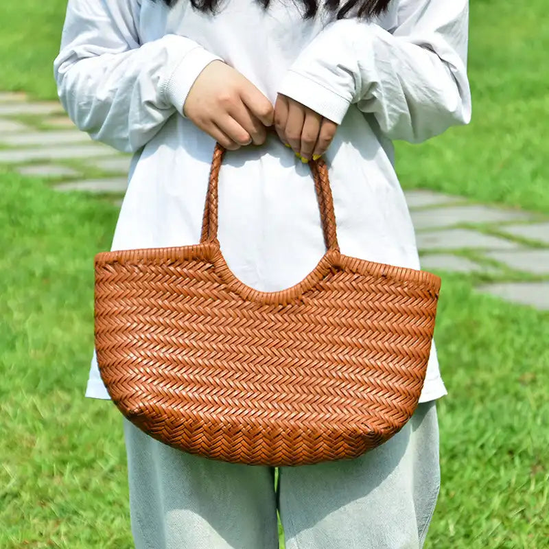Handmade Braided Leather Basket Bag - Vintage Shoulder & Crossbody Tote