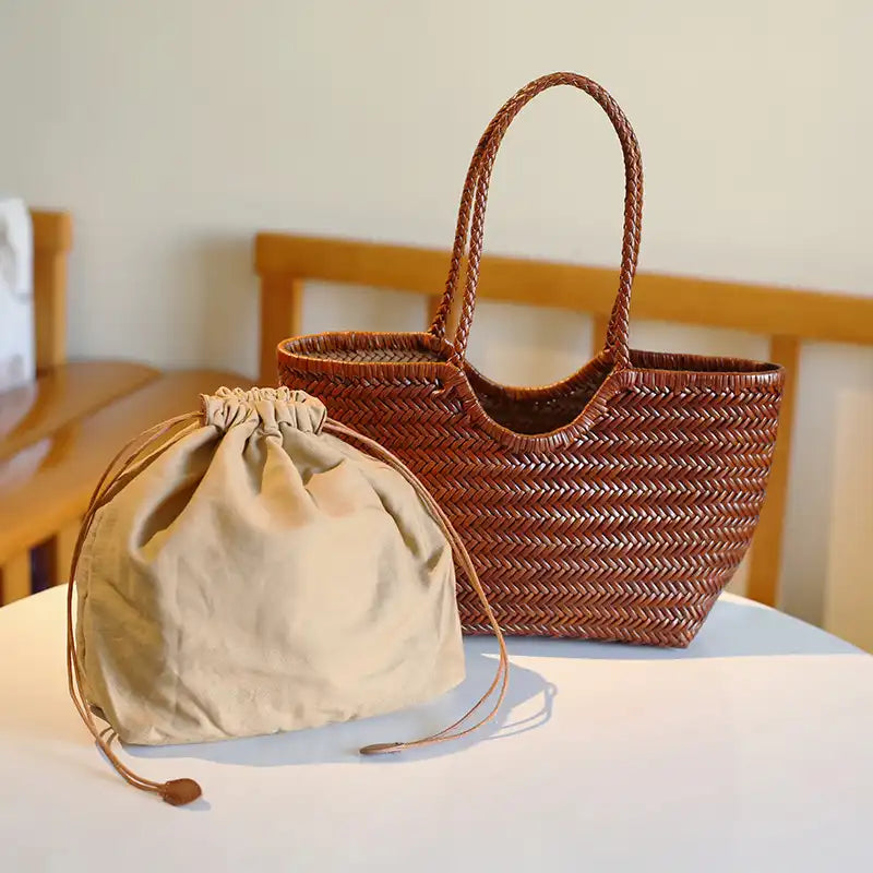 Handmade Braided Leather Basket Bag - Vintage Shoulder & Crossbody Tote