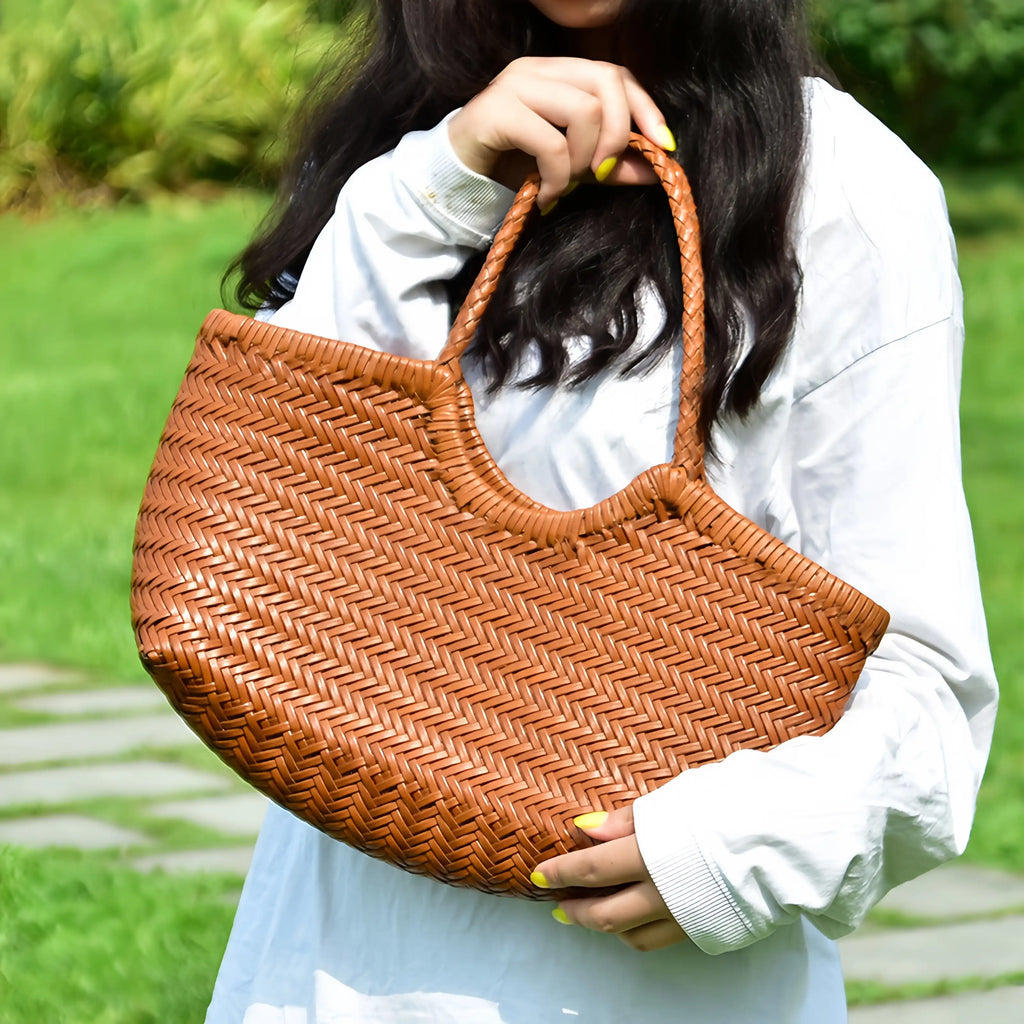 Handmade Braided Leather Basket Bag - Vintage Shoulder & Crossbody Tote