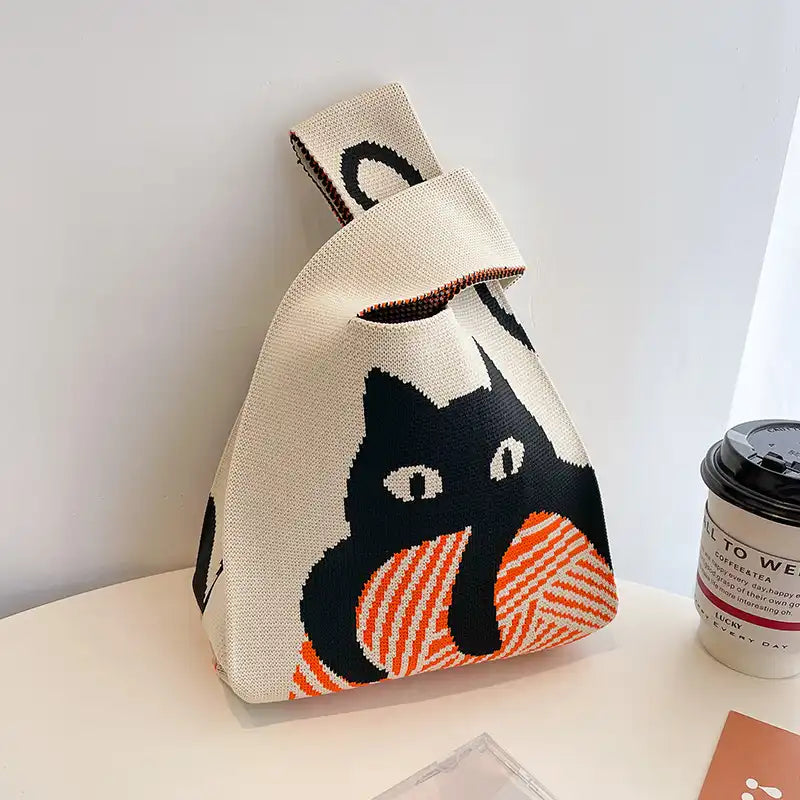 Japanese Kawaii Cat Knit Checkerboard Wrist Project Bag