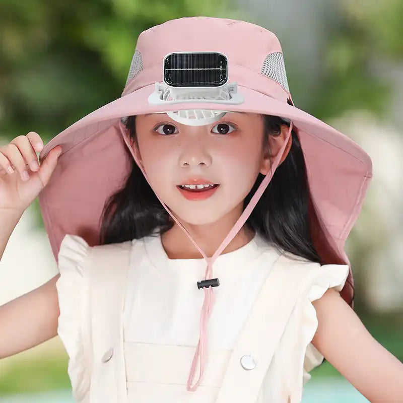 Kids Solar & USB Rechargeable Fan Hat - Wide Brim, Neck Flap, UV Protection, Breathable Outdoor Cooling