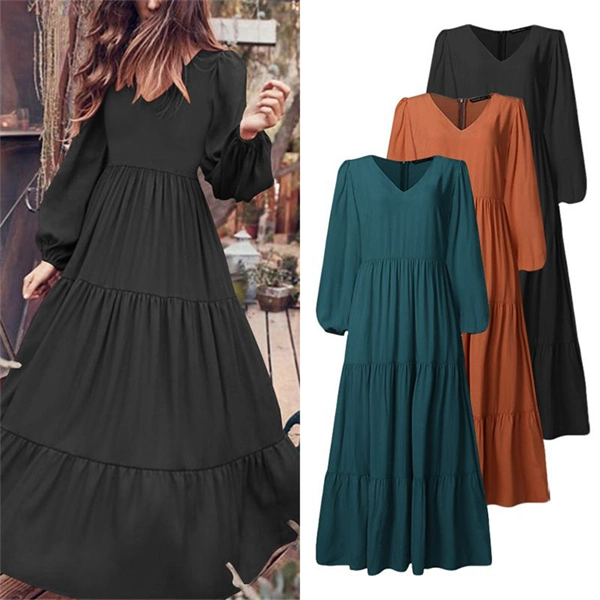 Long Sleeve Fall Dress for Women - High Waist Brown A-Line Maxi Dress for Autumn